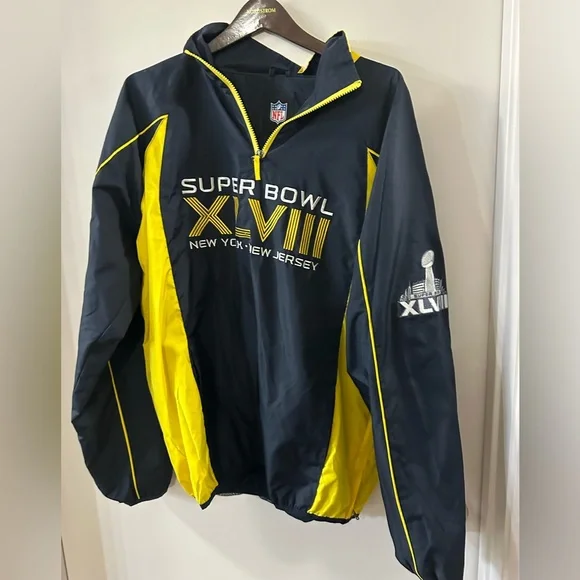 NFL Superbowl XLVIII Windbreaker Pullover 1/4 Zip Navy Yellow Pockets Lined Sz L - Picture 1 of 11